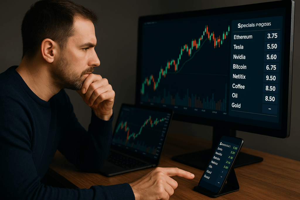 Ethereum, Tesla, Nvidia, Bitcoin, Netflix, Kávé, Olaj, Arany befektetés fogadás